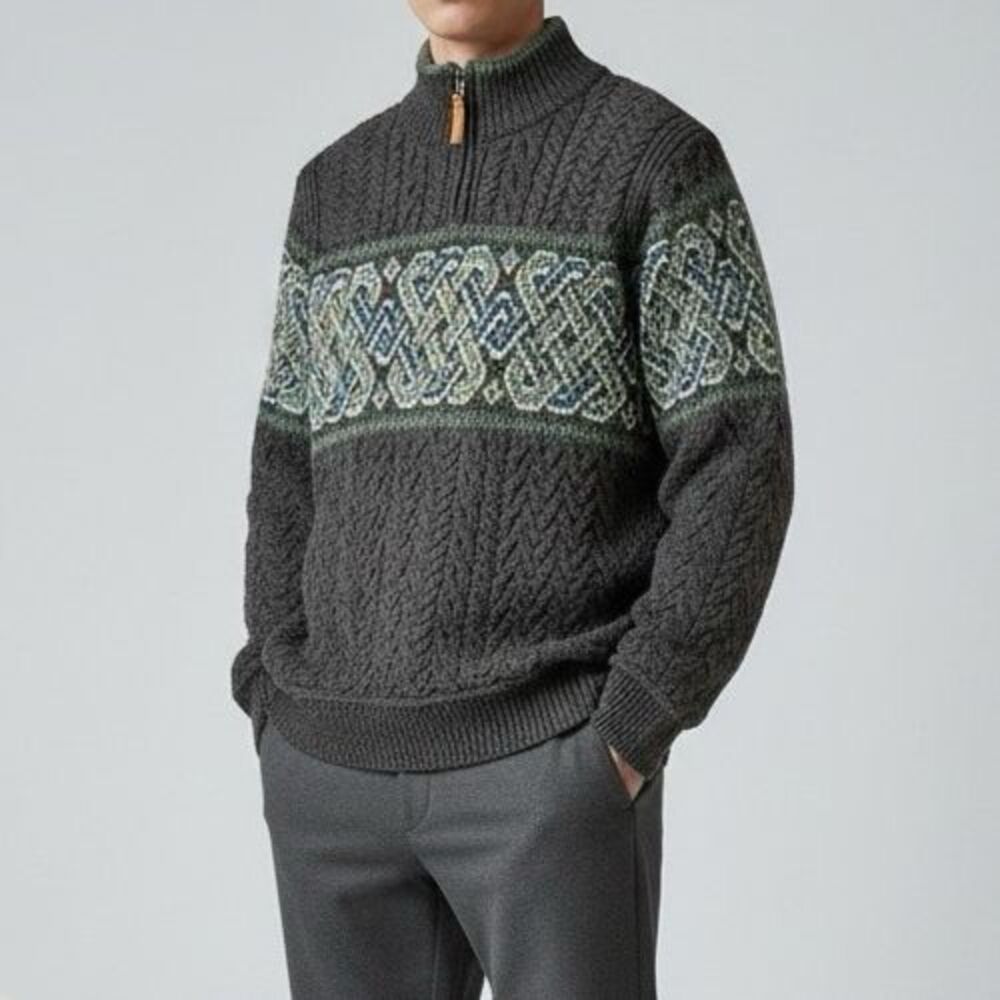 Aran Crafts Ireland 100% Merino Wool Celtic Knot Fair Isle Quarter Zip Sweater M